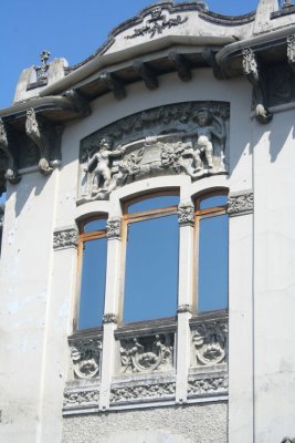 Close-up of the carvings and architectural details of the building.