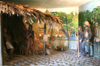 Display at the museum of Spanish conquistadors arriving at an Costa Rican settlement in the 16th century.