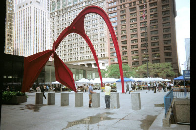 An Alexander Calder Flamingo sculpture located in downtown Chicago.