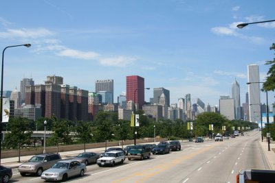 A view of the Chicago skyline as seen from a tour bus excursion.