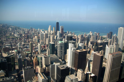 View of the Chicago skyline and of Lake Michigan from the observation deck of the Sears Tower.