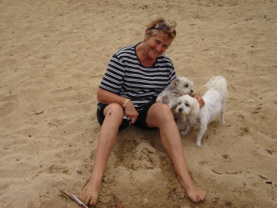 Paddy's beach (5) Bev with Molly & Max.JPG