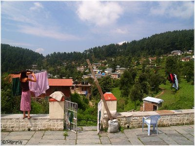 Tamar hanging the laundry in Dhramsala..