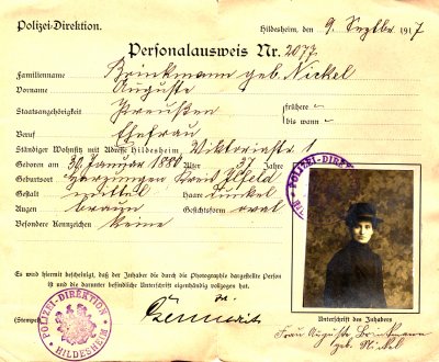 Auguste Brinkman_Nickel Ausweis 1917