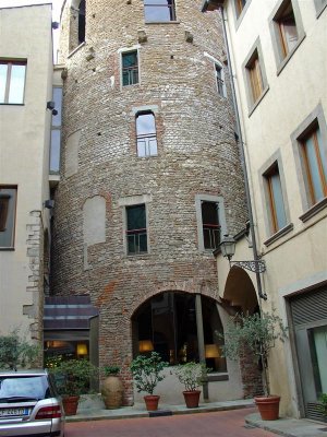 An ancient tower, now part of a modern hotel