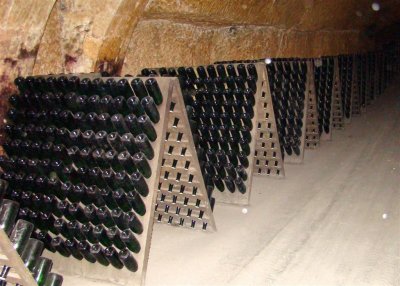 Bottles of sparkling wine age underground at Veuve Amiot