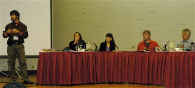 ATTA's Chris Doyle introduces the Saturday media panel: Leslie Weeden, Veronica Stoddart, Everett Potter and Ian Cross