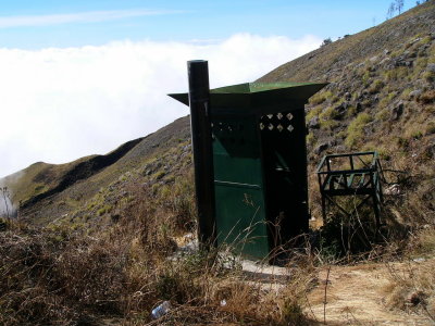 Green Toilet with rain water capturing on top of it.