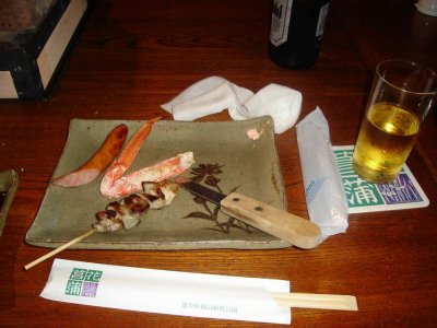 crab legs, yakitori