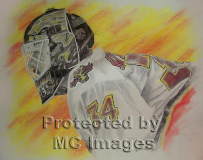This drawing of Miikka Kiprusoff was done by Medicine Hat sports artist Joe Versikaitis.To Email Joe  Click here  
 To view more of Joe's work please visit Versikaitis- The Art of Sport.
 
