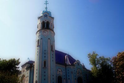 blue church with clock