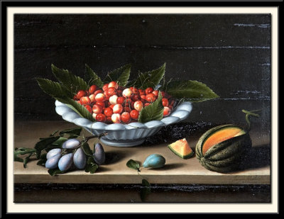 Coupe de cerises, prunes et melons, vers 1633