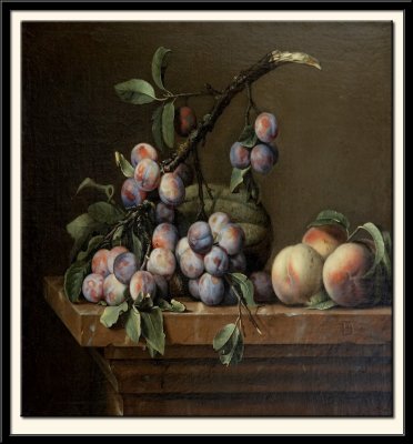 Prunes, courges et peches sur un entablement de marbre, 1650