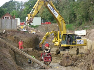 The professionals constructing a sewer diversion near the Onslow Arms