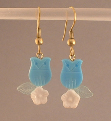 WVE2 - Owl Earrings (on brass hooks with lucite flowers)