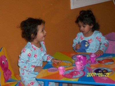 Girls are having a tea party on their new Backyardigans table set