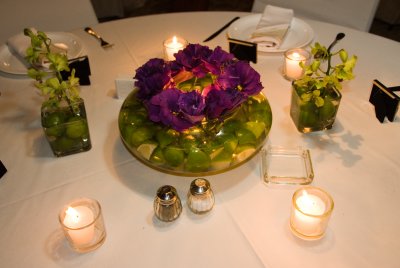 Limes in a bowl with Eustoma & green orchids, Photo by Erick, www.claudiaphoto.com