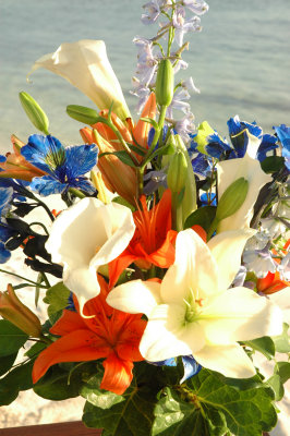 White & orange lilies, calla lilies, blue astroemeria and blue delphinium, Photos by Cecilia Dumas, www.ceciliadumas.com