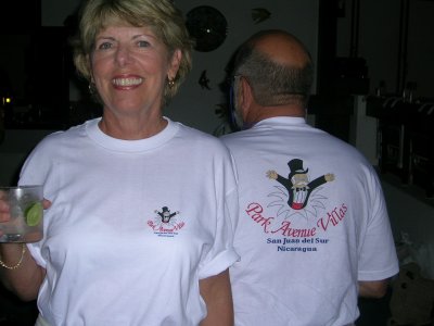 George and Sandra showing off our t shirts