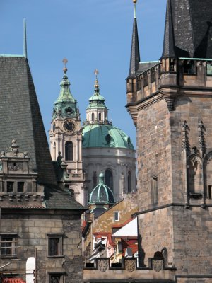 St Nicholas's and the Old Town Bridge Tower, from the Charles Bridge,    Prague.