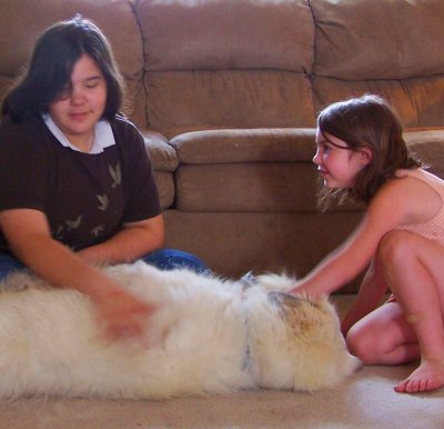 Girls with Giant Fuzzy Dog