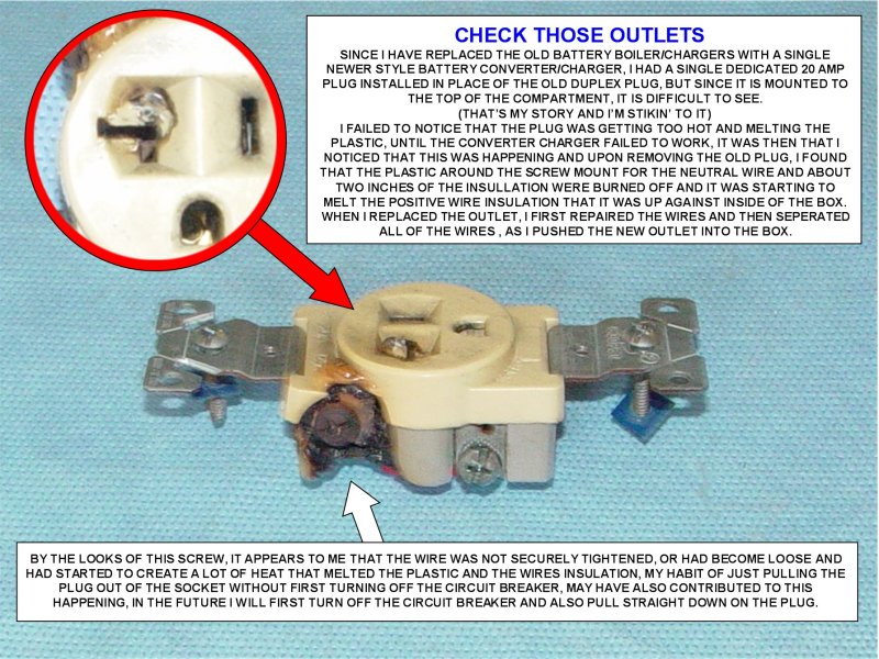 CHECK THOSE OUTLETS THIS IS WHAT HAPPENED TO MY BATTERY CONVERTER/CHARGER 20 AMP OUTLET