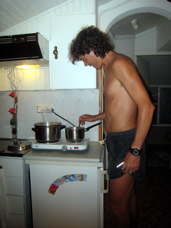 Scott cooks for us the night before the race!