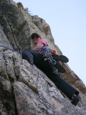 Cathy beginning the exposed crux