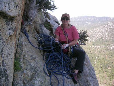 Cathy belaying at the top of the second pitch