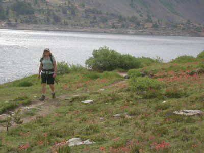 Judy with Saddlebag Lake in the background