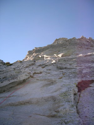 The intimidating overhangs at the summit of Tenaya Peak