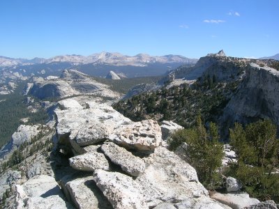 The view south-ish with Conness in the centre and the spike of Cathedral Peak on the right
