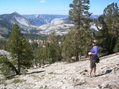 Cathy on the descent with Yosemite behind