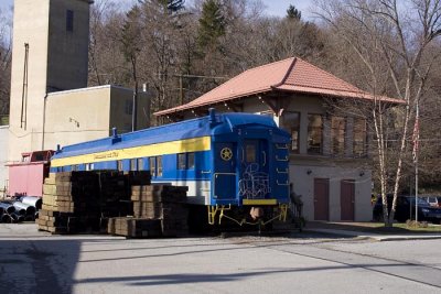 An old B & O Passenger Car, Caboose, and the Interlocking Tower