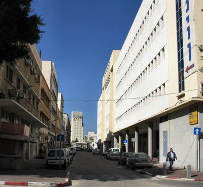 View From Palmer Gate St.On West Section Of Ha'namal St.at background - Dagon Granaries.JPG