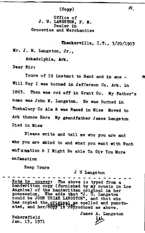 J. U. Langston Letter 1903