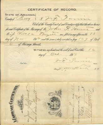 Viola Boyett Hunt Marriage License 1912 AR