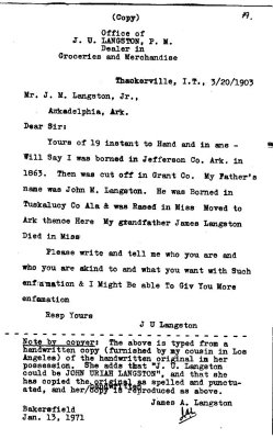 J. U. Langston Letter 1903