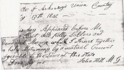 James Boit & Polly Sallers Marriage 1842 Union Co AR