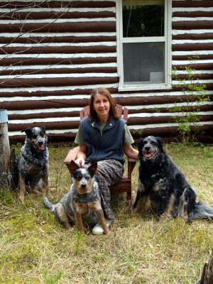 Shirl with our dogs Shadow, Ace and Bandit