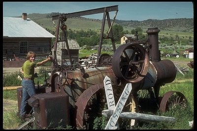 Josiah and a steam donkey in Wy