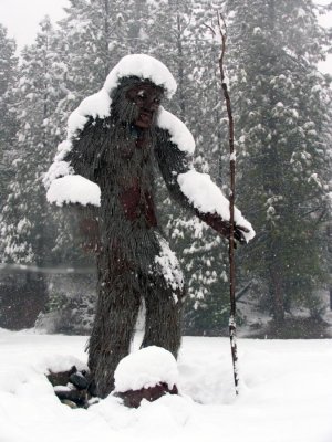 Bigfoot statue in blizzard.