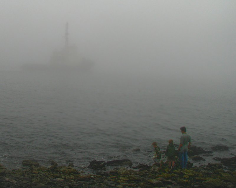 Halifax Fog <br> View From Shore<br>The people on shore show how close that boat actually is