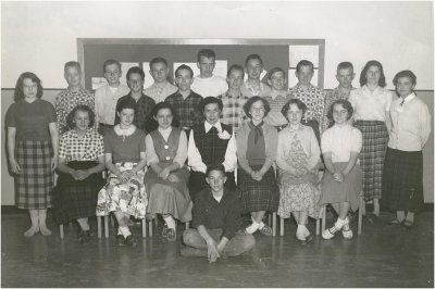 left to right ...

back standing: Phoebe Newlove; Jack Gardiner; Gary Coy; Lorne Britton; Earl Barlow; Frank Sprung; John Spicer; Charles Chuck Woods; Dale LaCroix; Jim Reilly; Ron Cooke; Sandy Hebert; Donna Robertson; Louise Branconnier

middle row sitting: Lorraine Branconnier; Judy Tretiak; Dorothy Morrow; Ms Perrault; Donna McInnes; ? Roberta Zado

front row sitting: Fred Lang