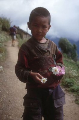 Boy selling flowers at Junbesi