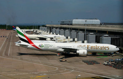 Emirates Boeing 777 at Manchester Airport
