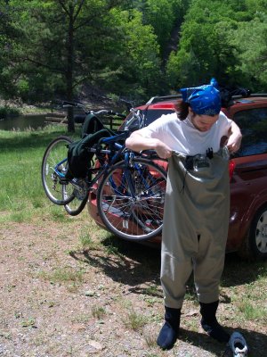 Gerdie suiting up in Bruce's dad's waders