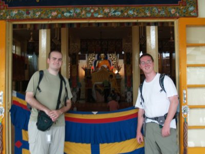Standing in front of the sanctum at the Tsuglag Khang, Dharamsala's main temple