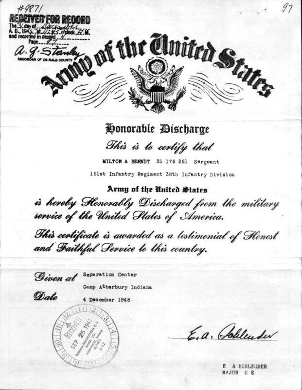 Milton (Hank) A. Berndts Military Discharge Record Pg.1