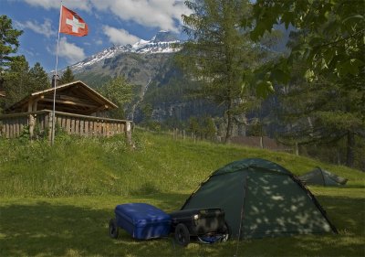 Our Staika in Switzerland with a hiker's Akto